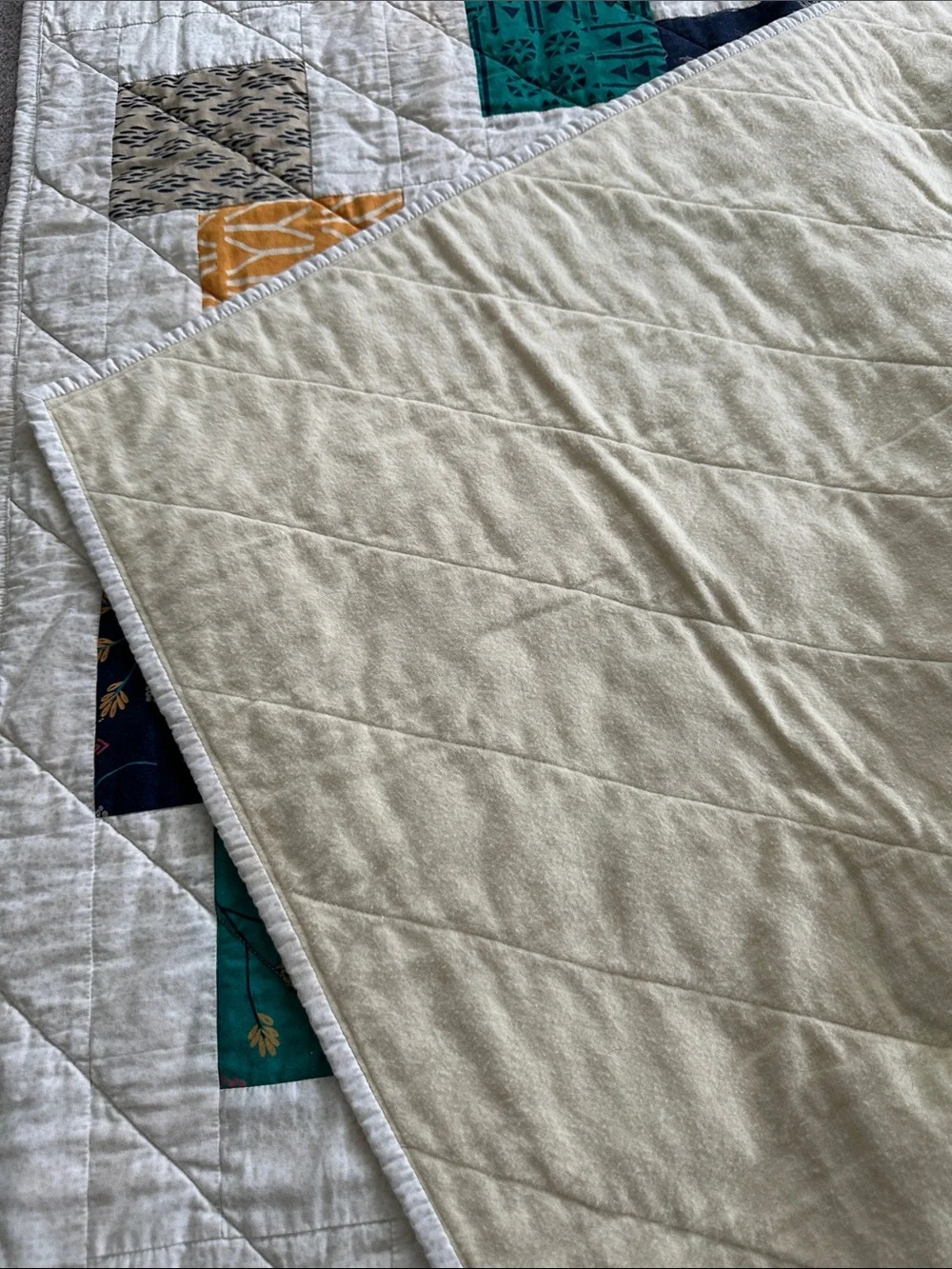 Handmade Geometric Patchwork Quilt in Cream with Multicolor Squares